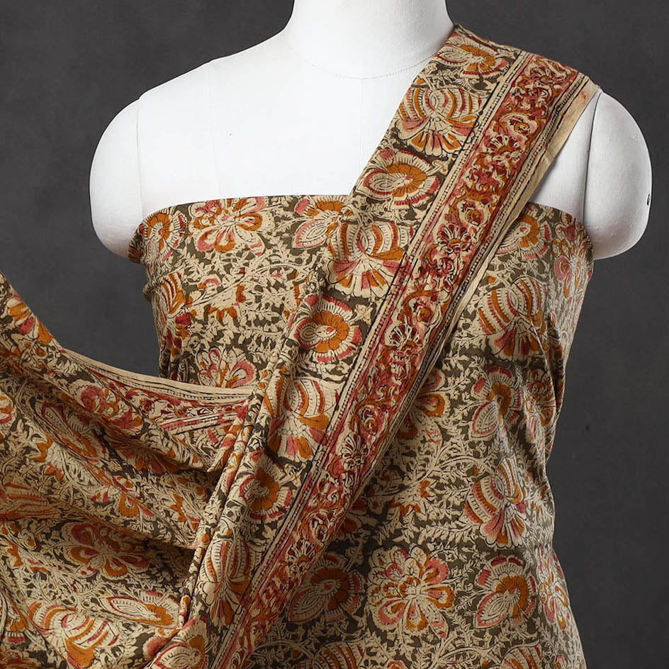 Beige - 3pc Cotton Pedana Block Print Kalamkari Dress Material 23