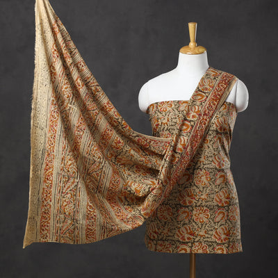 Beige - 3pc Cotton Pedana Block Print Kalamkari Dress Material 23