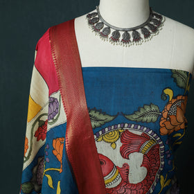 Handpainted Srikalahasti Pen Work Kalamkari Bangalore Silk 2pc Unstitched Dress Material Kurta Set 11
