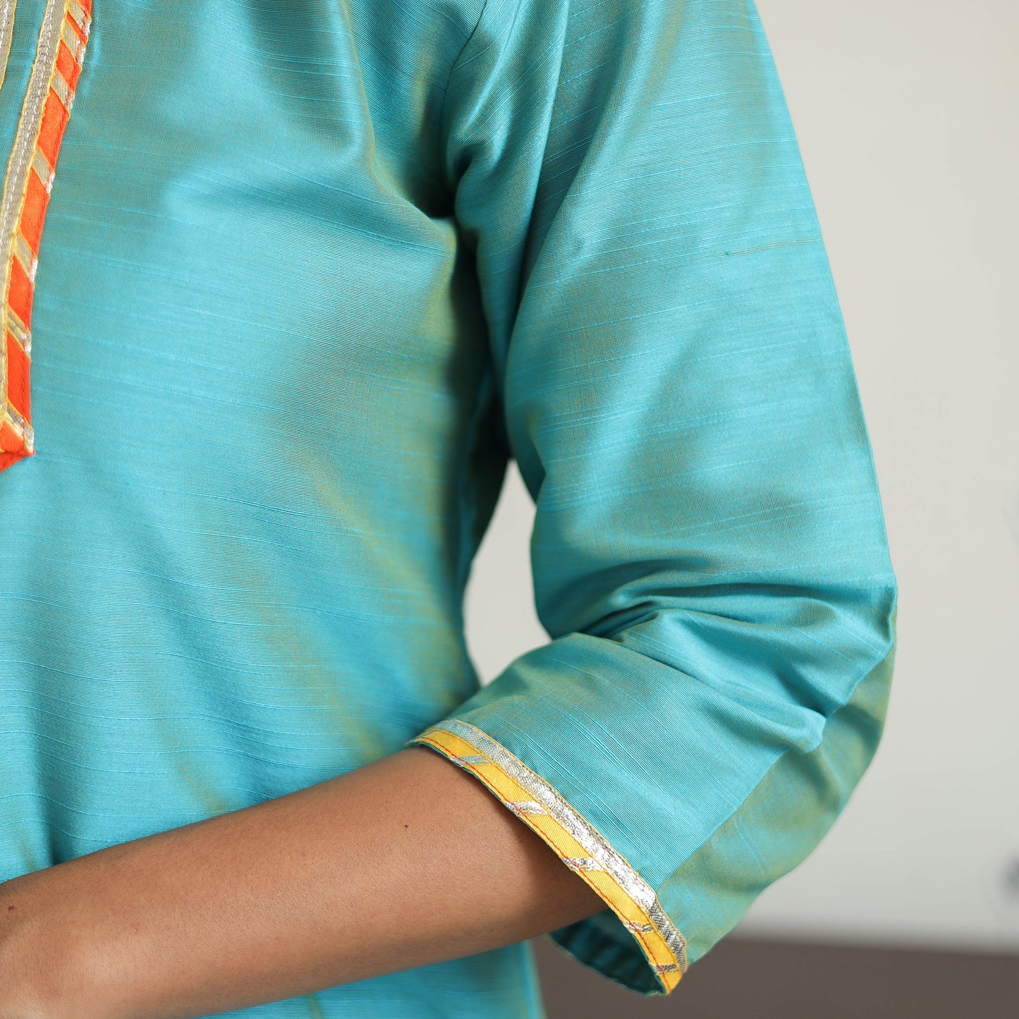 Green - Afreen Blue Gota Work Slub Silk Plain Kurta