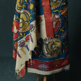 Handpainted Srikalahasti Pen Work Kalamkari Bangalore Silk 2pc Unstitched Dress Material Kurta Set 11