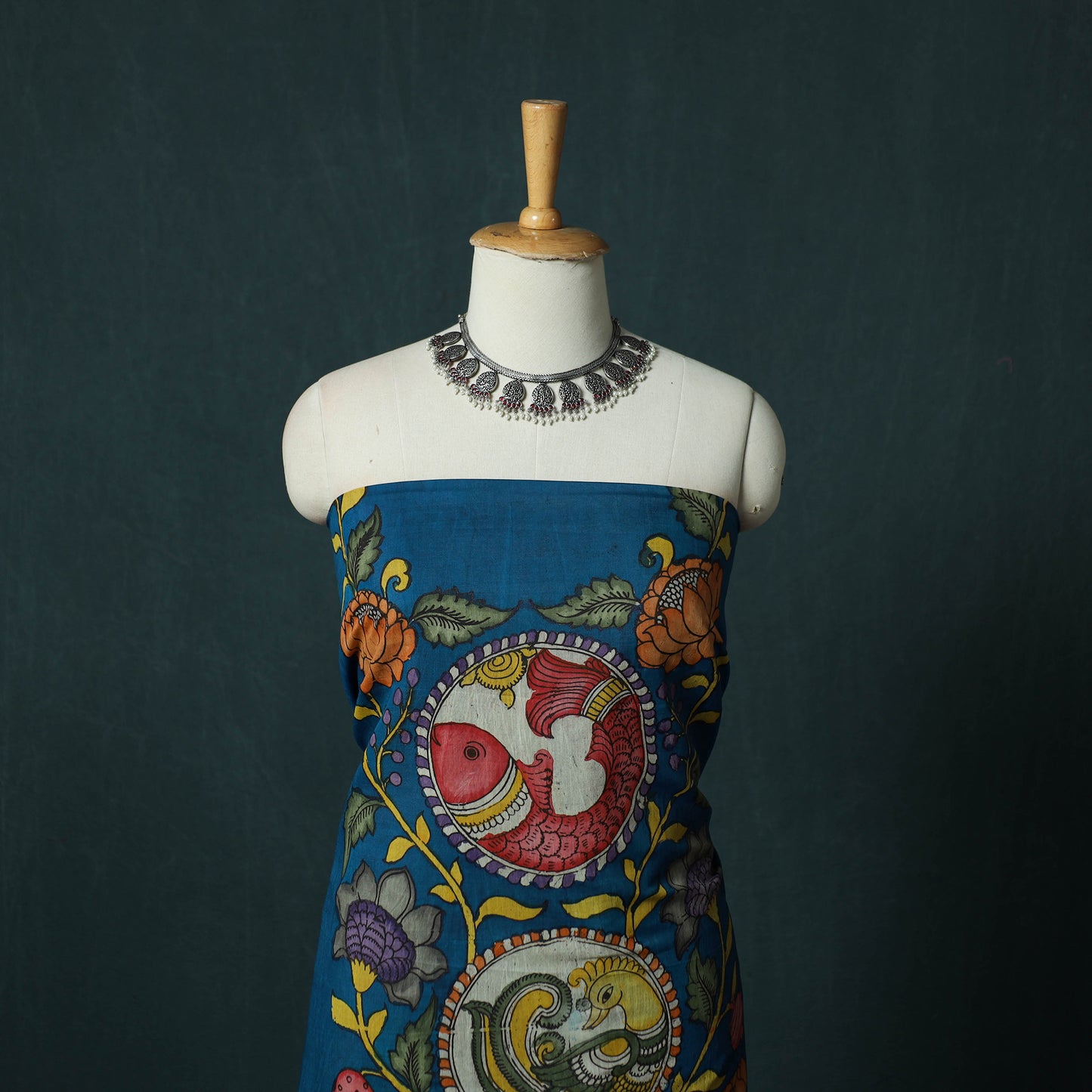 Handpainted Srikalahasti Pen Work Kalamkari Bangalore Silk 2pc Unstitched Dress Material Kurta Set 11