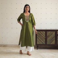 Ananya Green Gota Work Slub Silk Plain Kurta