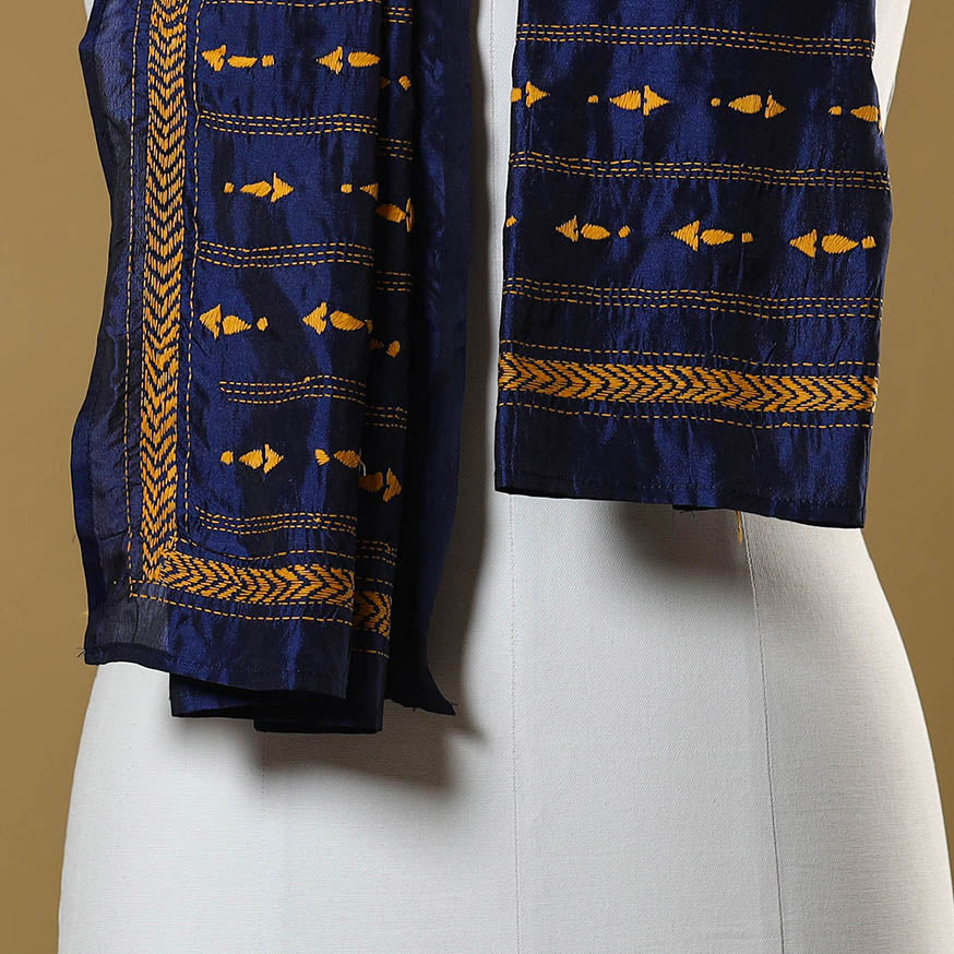 Blue - handloom tussar silk bengal kantha work stole 12