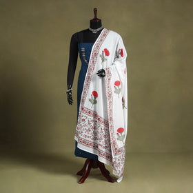 White Block Print Cotton Sanganeri Floral Dupatta
