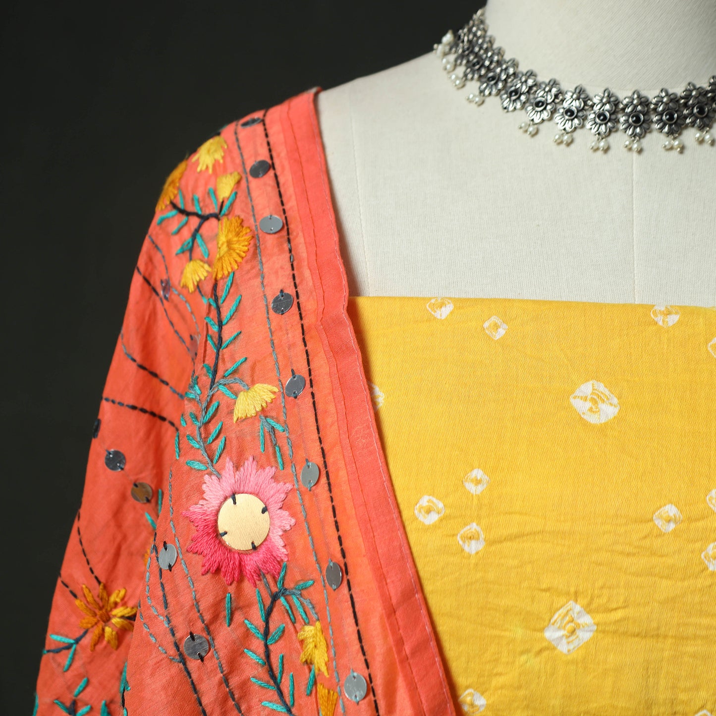 Yellow - Kutch Bandhani Tie-Dye Cotton 2pc Unstitched Dress Material Kurta Set with Earrings 26