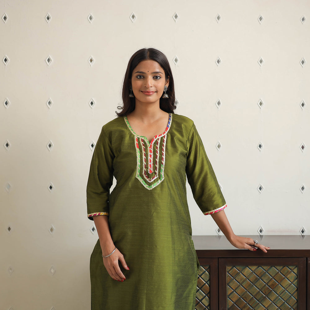 Ananya Green Gota Work Slub Silk Plain Kurta