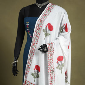 White Block Print Cotton Sanganeri Floral Dupatta