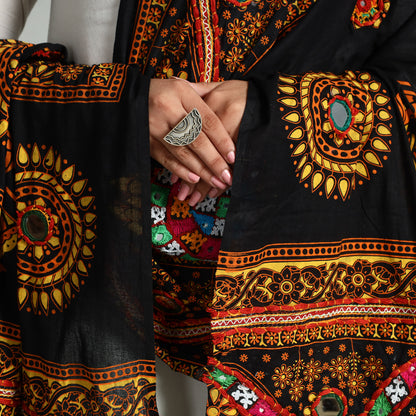 Black - Kutch Hand Embroidery Mirror Work Printed Cotton Dupatta 37
