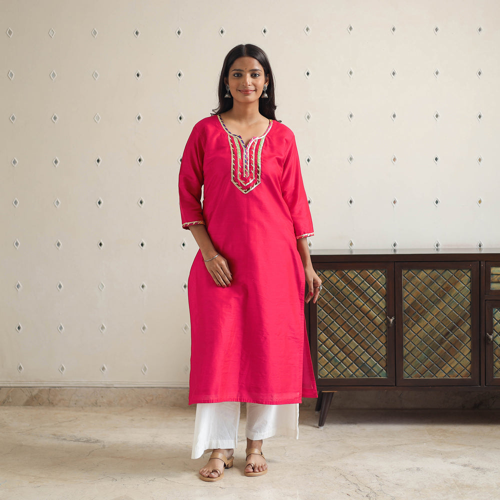 Aahana Dark Pink Gota Work Slub Silk Plain Kurta