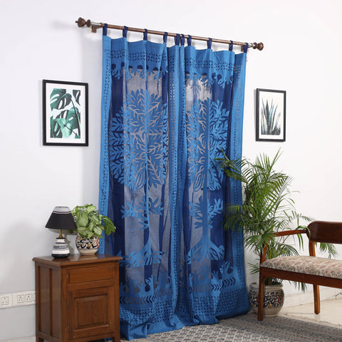 Blue - Applique Cutwork Cotton Door Curtain from Barmer (7 x 3.5 feet) (single piece)