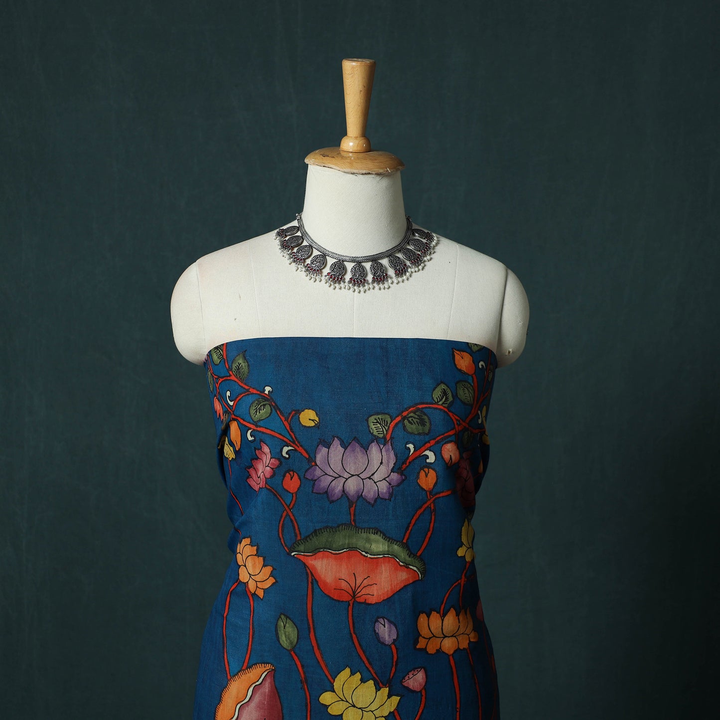 Handpainted Srikalahasti Pen Work Kalamkari Bangalore Silk 2pc Unstitched Dress Material Kurta Set 12