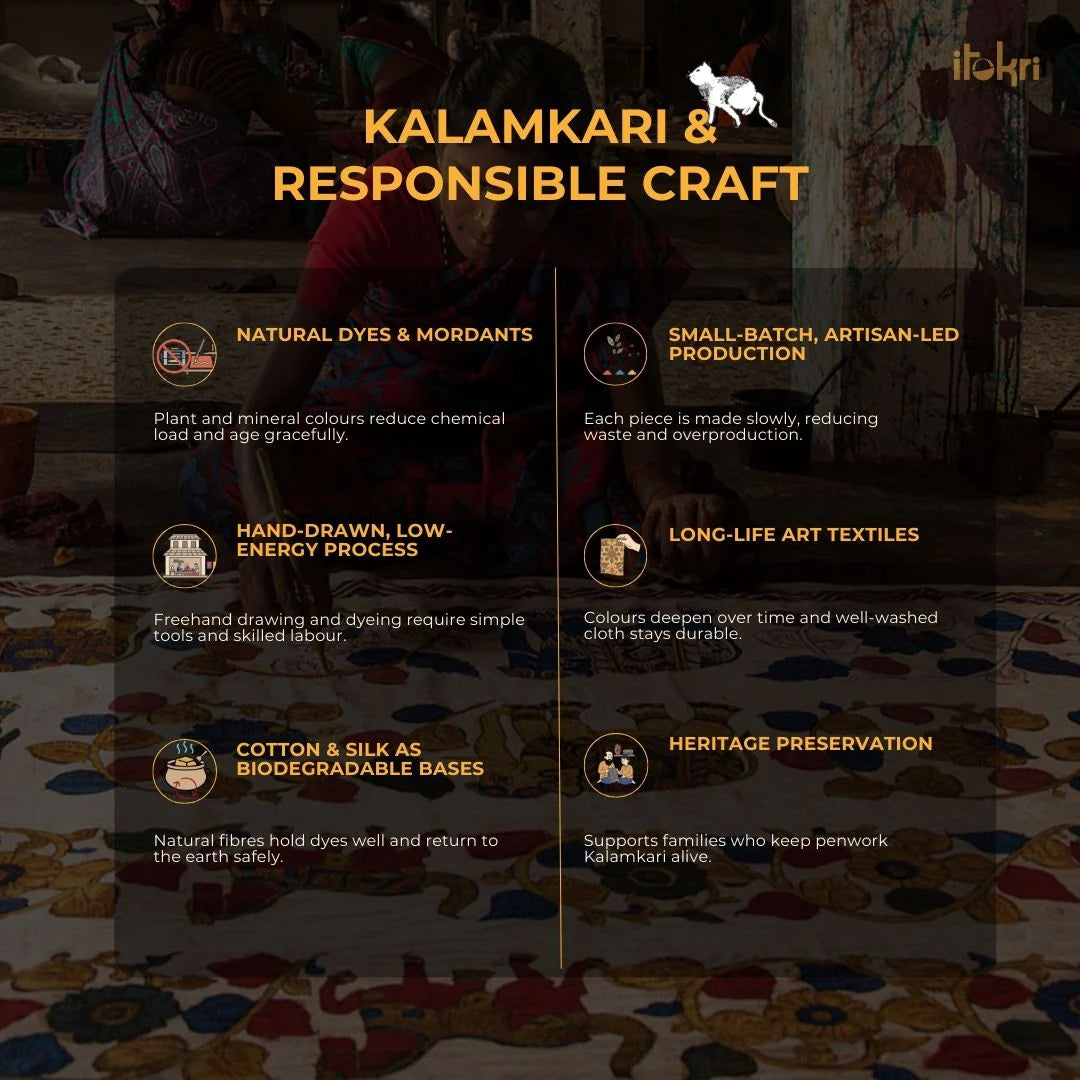 Handpainted Srikalahasti Pen Work Kalamkari Natural Dyed Bangalore Silk 2pc Unstitched Dress Material Kurta Set 38