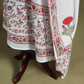 White Block Print Cotton Sanganeri Floral Dupatta