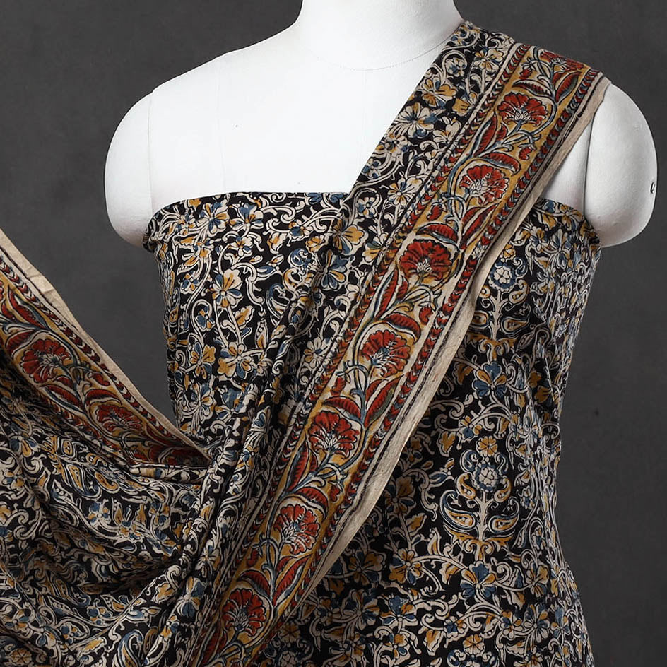 Black - 3pc Cotton Pedana Block Print Kalamkari Dress Material 28