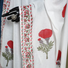 White Block Print Cotton Sanganeri Floral Dupatta