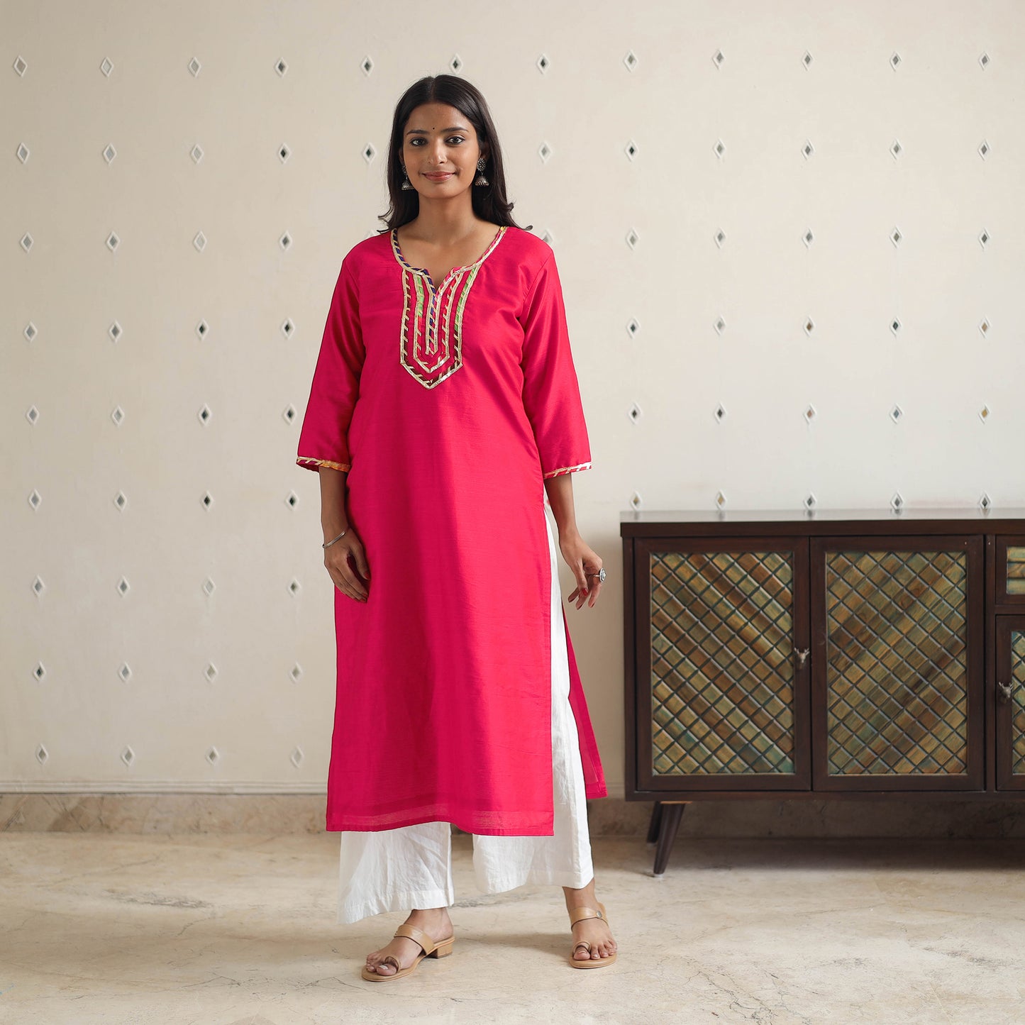 Aahana Dark Pink Gota Work Slub Silk Plain Kurta