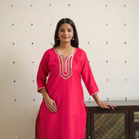 Aahana Dark Pink Gota Work Slub Silk Plain Kurta