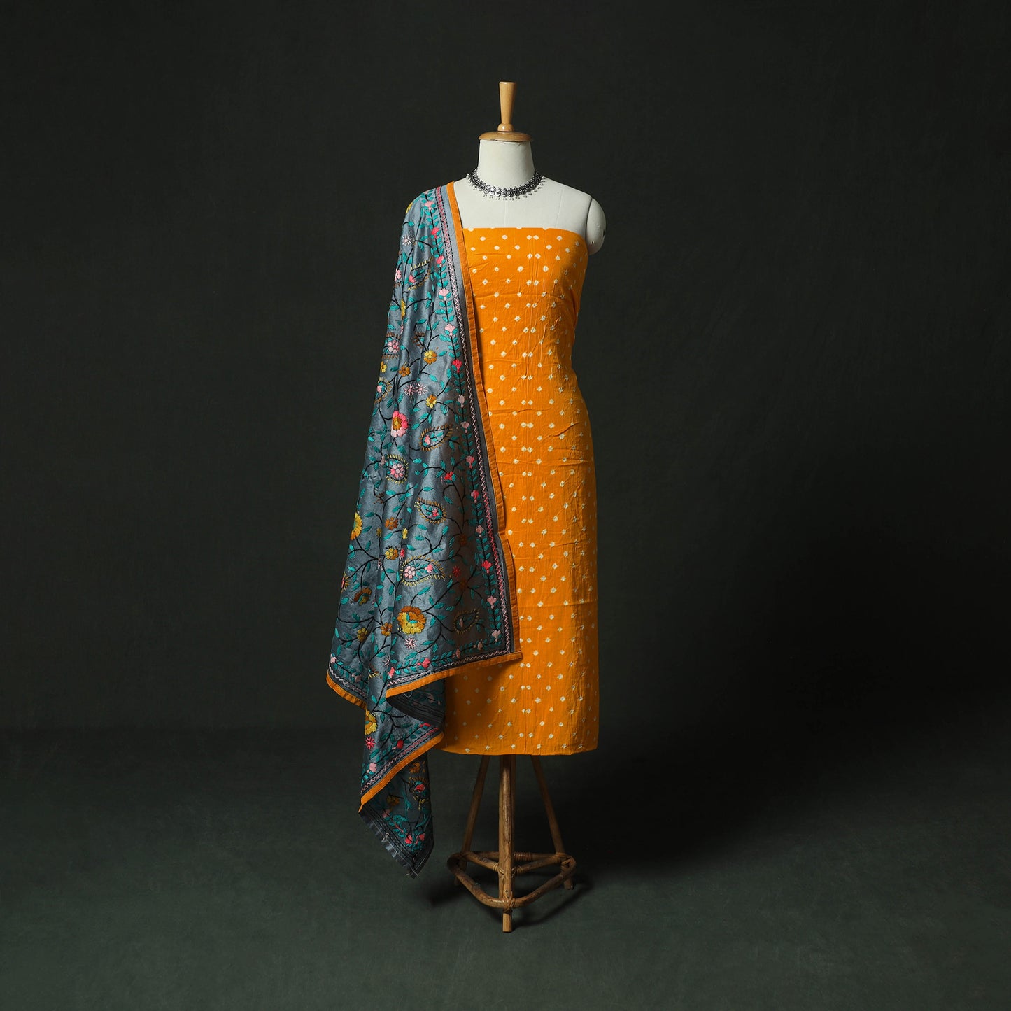 Yellow - Kutch Bandhani Tie-Dye Cotton 2pc Unstitched Dress Material Kurta Set with Earrings 27