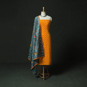 Yellow - Kutch Bandhani Tie-Dye Cotton 2pc Unstitched Dress Material Kurta Set with Earrings 27