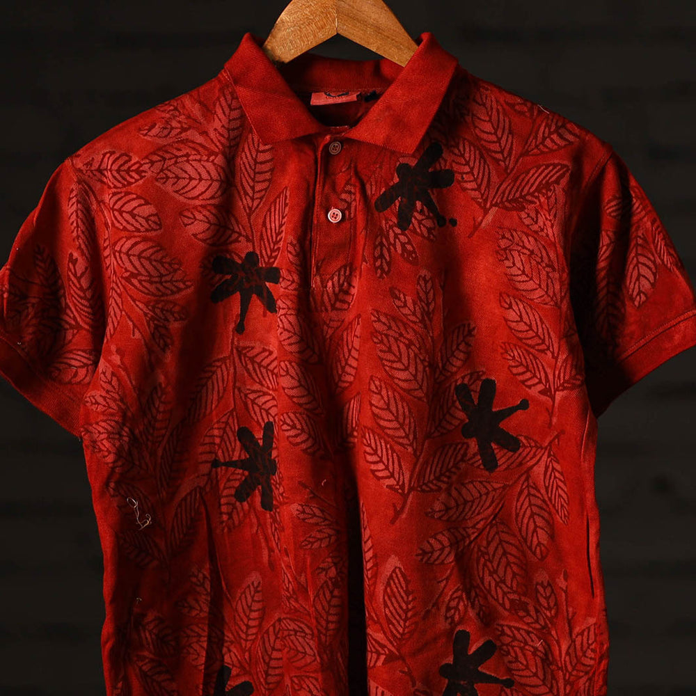 Red - Bindaas Natural Dyed Art Block Print Polo Collar T-shirt in Pure Cotton