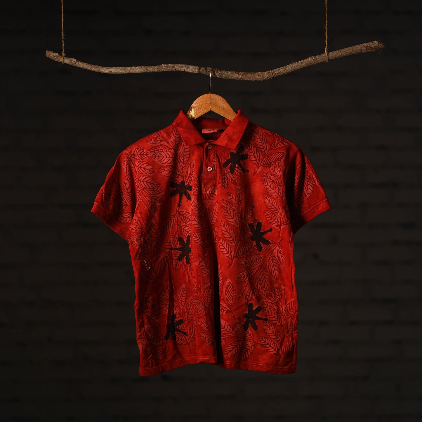 Red - Bindaas Natural Dyed Art Block Print Polo Collar T-shirt in Pure Cotton