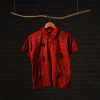 Red - Bindaas Natural Dyed Art Block Print Polo Collar T-shirt in Pure Cotton