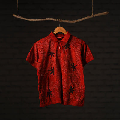 Red - Bindaas Natural Dyed Art Block Print Polo Collar T-shirt in Pure Cotton