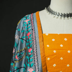 Yellow - Kutch Bandhani Tie-Dye Cotton 2pc Unstitched Dress Material Kurta Set with Earrings 27