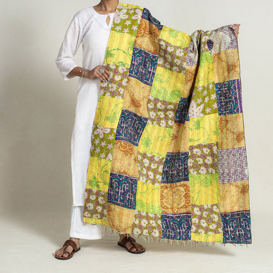 Multicolor - Bengal Kantha Embroidery Patchwork Reversible Silk Dupatta