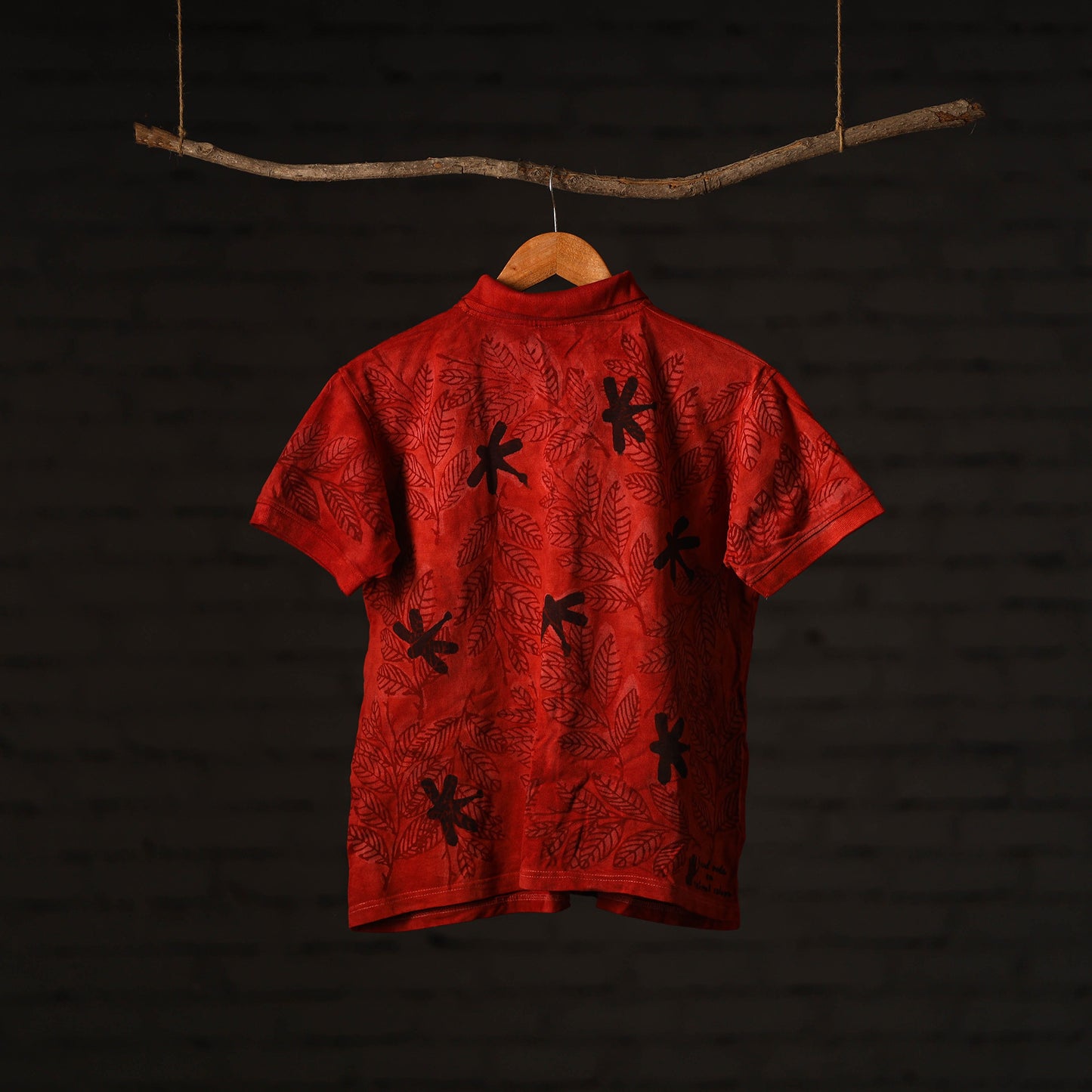 Red - Bindaas Natural Dyed Art Block Print Polo Collar T-shirt in Pure Cotton