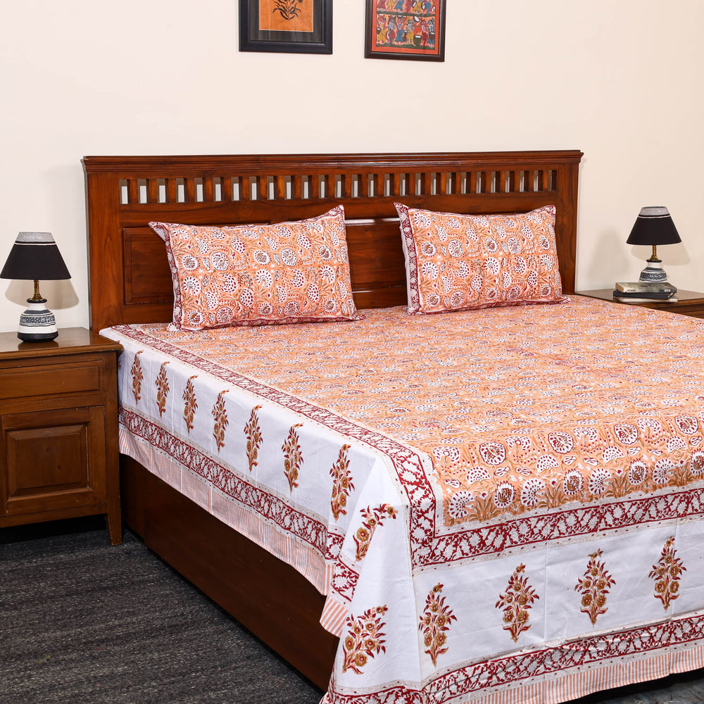 Peach - Sanganeri Block Printed Cotton Double Bed Cover Set 51