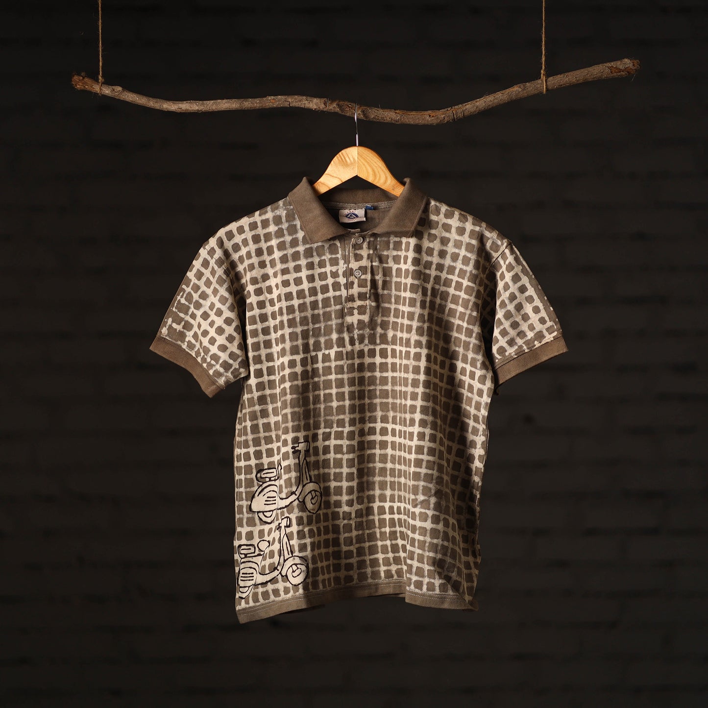 Brown - Bindaas Natural Dyed Art Block Print Polo Collar T-shirt in Cotton