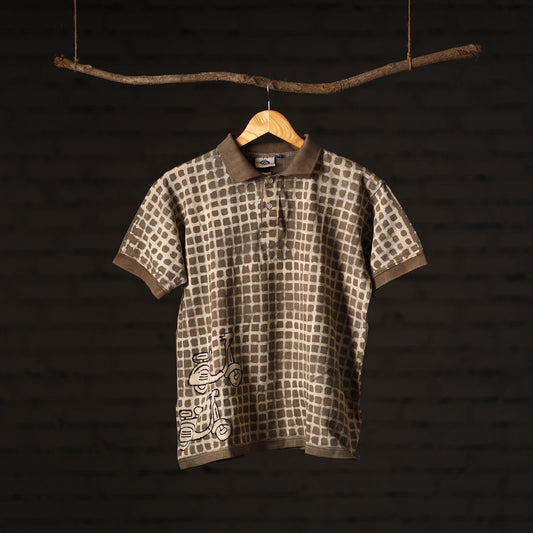 Brown - Bindaas Natural Dyed Art Block Print Polo Collar T-shirt in Cotton