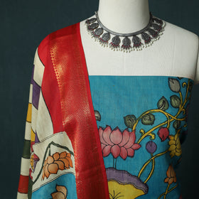 Handpainted Srikalahasti Pen Work Kalamkari Bangalore Silk 2pc Unstitched Dress Material Kurta Set 13