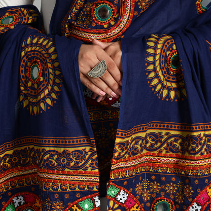 Blue - Kutch Hand Embroidery Mirror Work Printed Cotton Dupatta 39