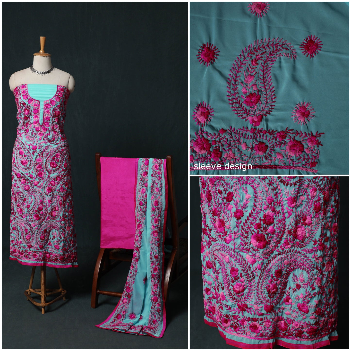 Hand Embroidered Georgette 3pc Unstitched Dress Material Suit Set 03