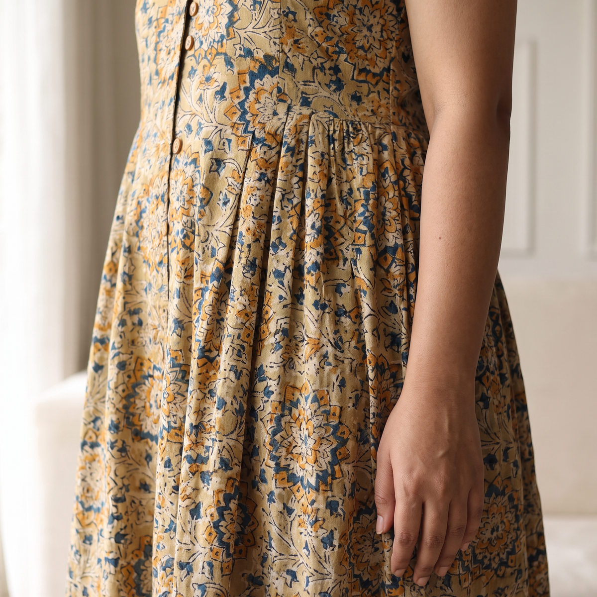 Pedana Kalamkari Hand Block Print Cotton Sleeveless Buttoned Down Long Dress for Women 20