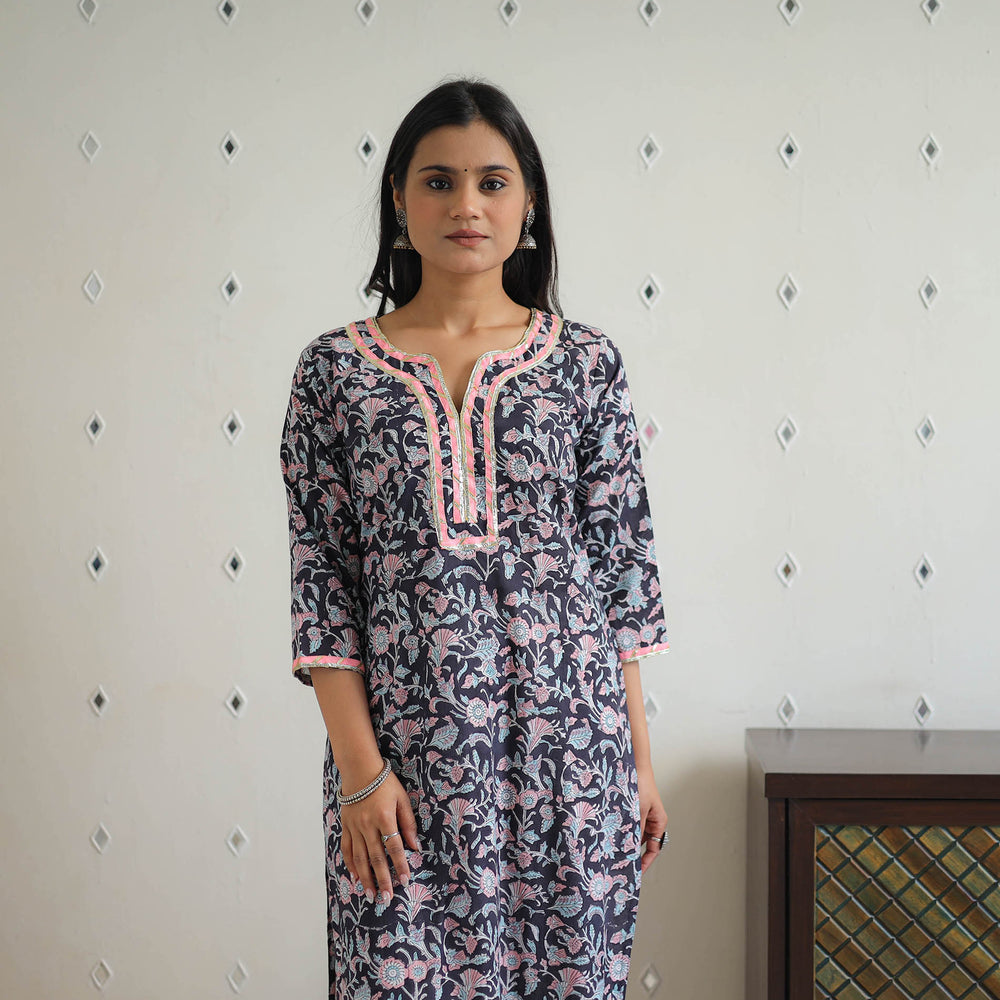 Black -Block Printed Cotton Gota Work Long Sanganeri Kurta 03