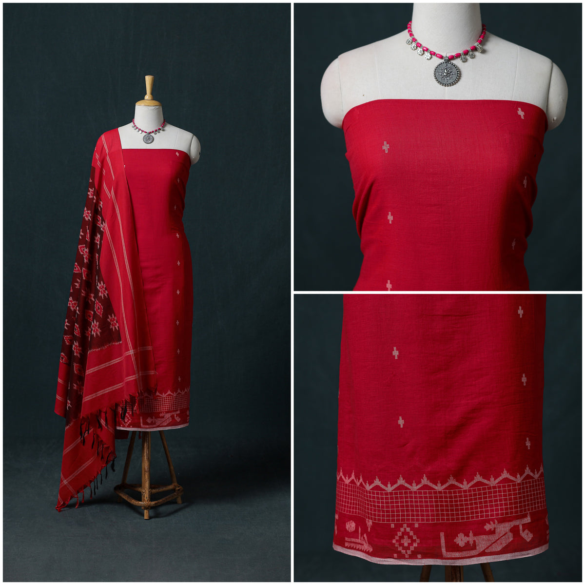 Jamdani Handloom Cotton Unstitched Dress Material: Kurta & Dupatta with Earrings 03