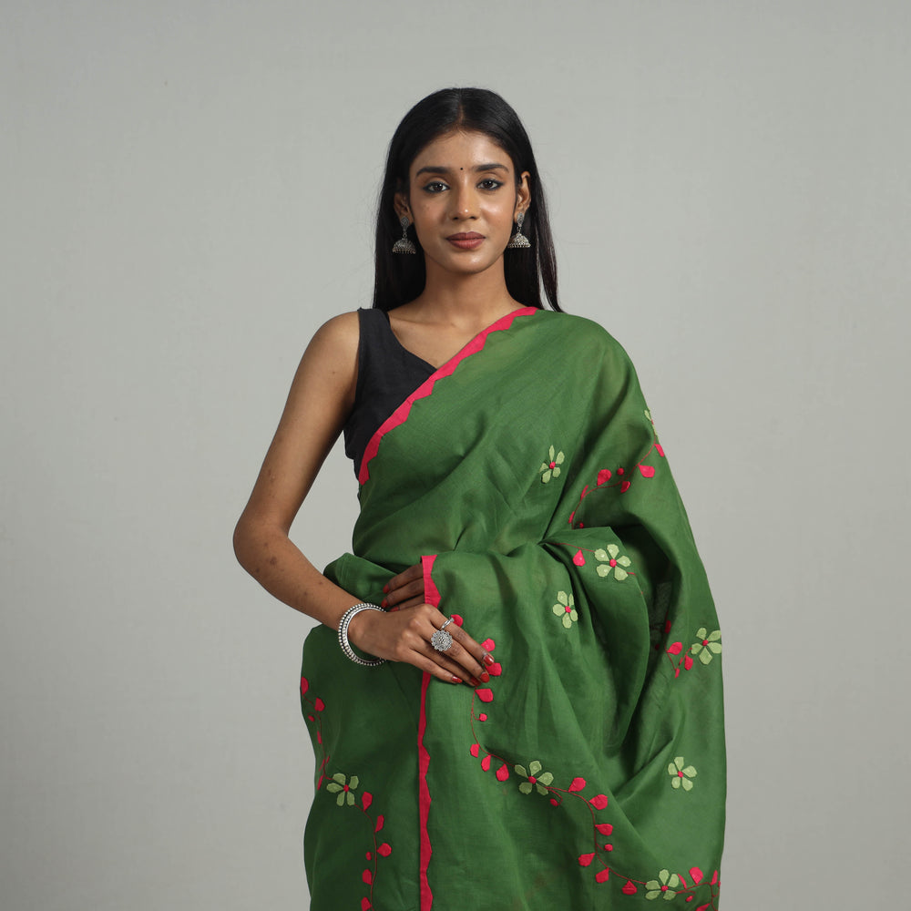 Green - Pure Cotton Patti Kaam Applique Saree 02