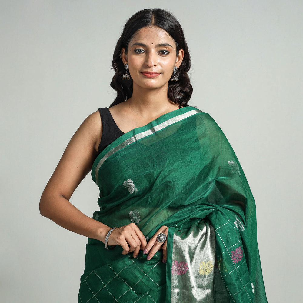 Green - Traditional Venkatagiri Pure Handloom Silk Cotton Zari Weave Saree 01