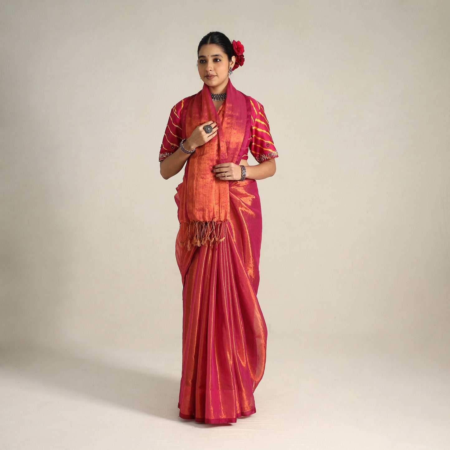 Red - Fine Tissue Zari Bengal Saree with Embroidered Blouse 04