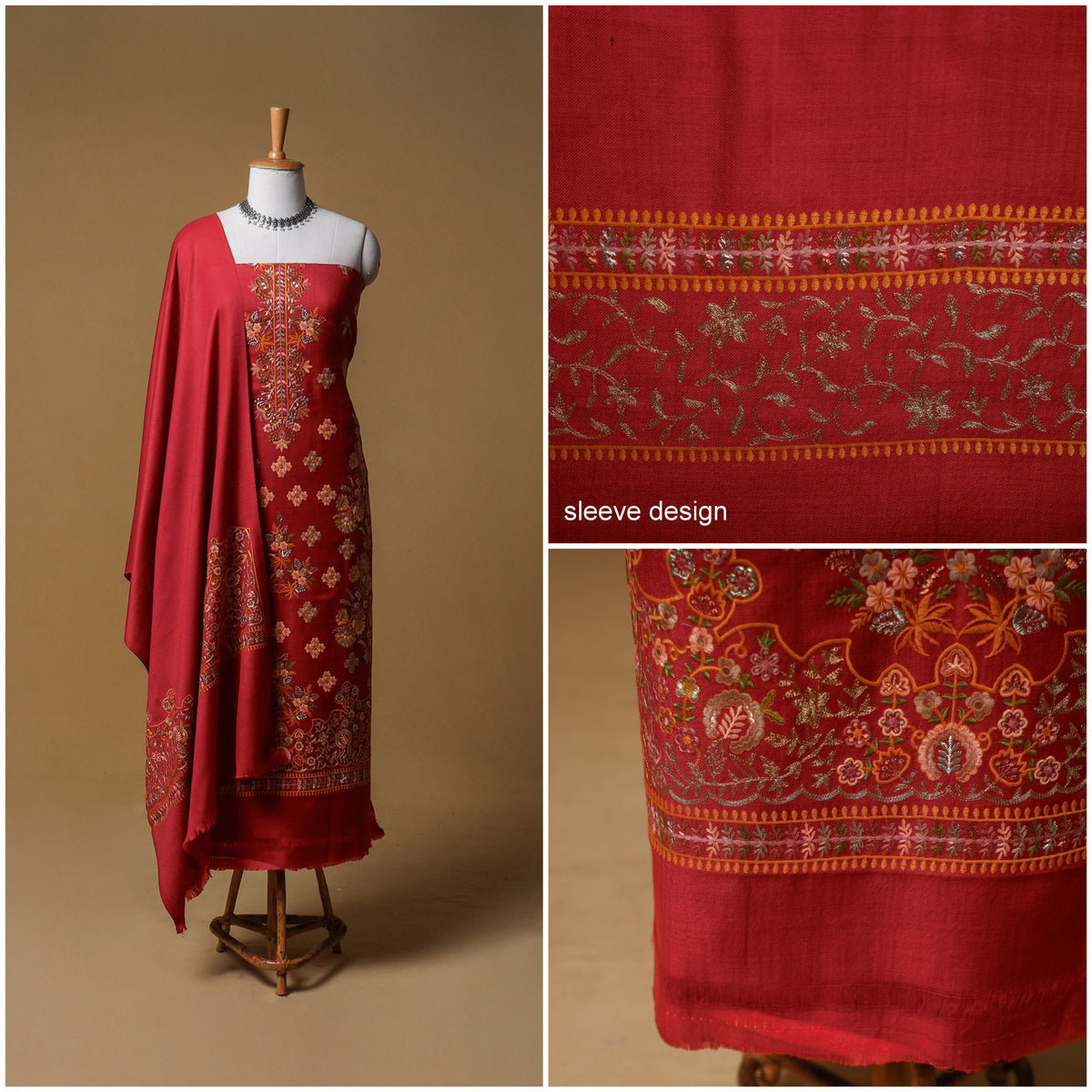 Woolen Full Embroidered Unstitched Dress Material: Kurta, Bottom & Dupatta 10