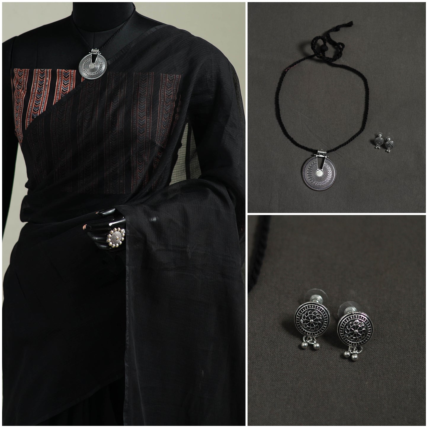 Black - Nazaakat Kota Doria Cotton Plain Saree with Blouse & Jewellery Set 03