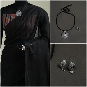 Black - Nazaakat Kota Doria Cotton Plain Saree with Blouse & Jewellery Set 03