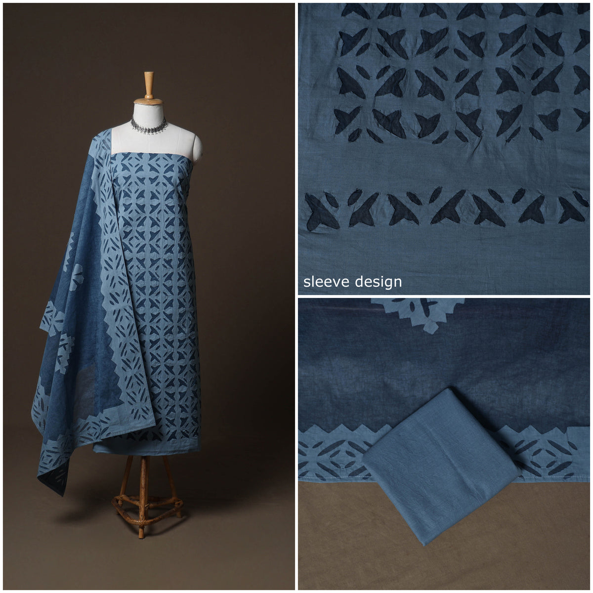 Applique Cutwork Cotton Unstitched Dress Material: Kurta, Bottom & Dupatta 03