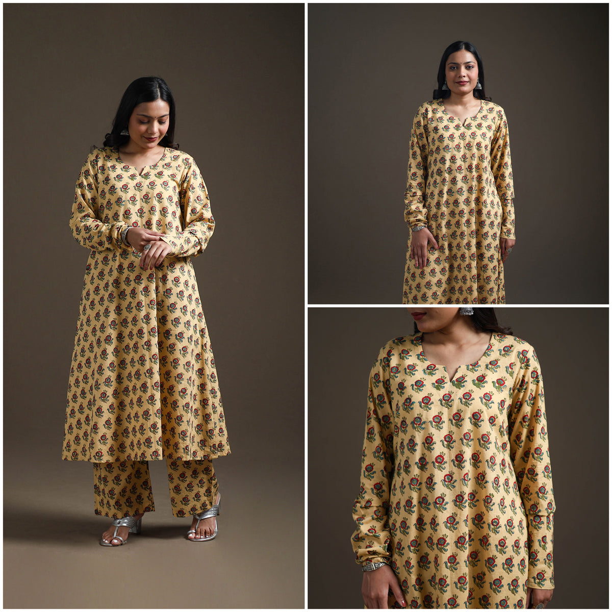 Yellow - floral sanganeri print cotton a-line kurta