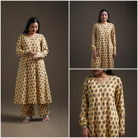 Yellow - floral sanganeri print cotton a-line kurta
