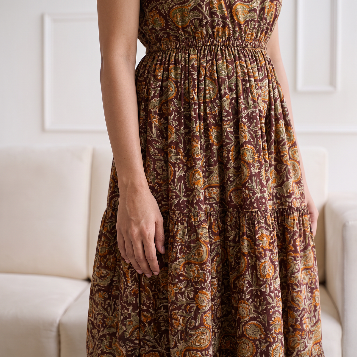 Pedana Kalamkari Hand Block Print Cotton Sleeveless Tiered Long Dress for Women 21